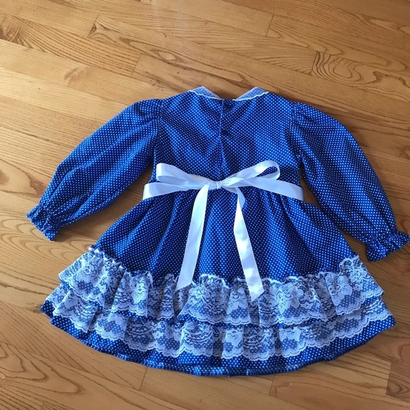 Jill Lynn vintage Dress royal blue white polka dot lace ribbon long sleeve T3 3T - Picture 2 of 14